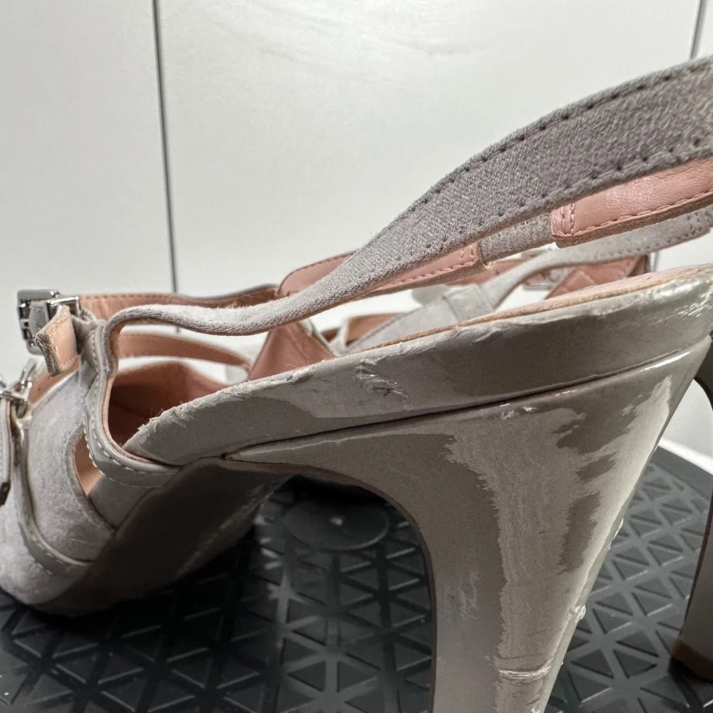 Franco Sarto Gray Suede Slingback Heels with Patent Accents Buckle Straps Sz 10M